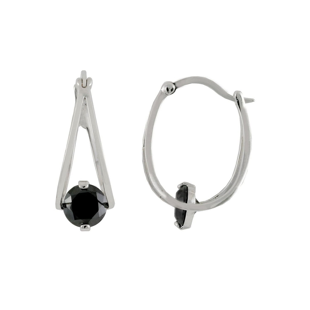 Silver & Black Drop Of Life hoop earrings with rhodium/platinum plating over brass & jet cubic zirconia stones